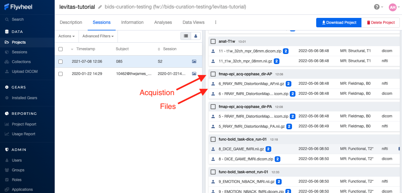 Flywheel projects view highlighting acquisitions and file attributes
