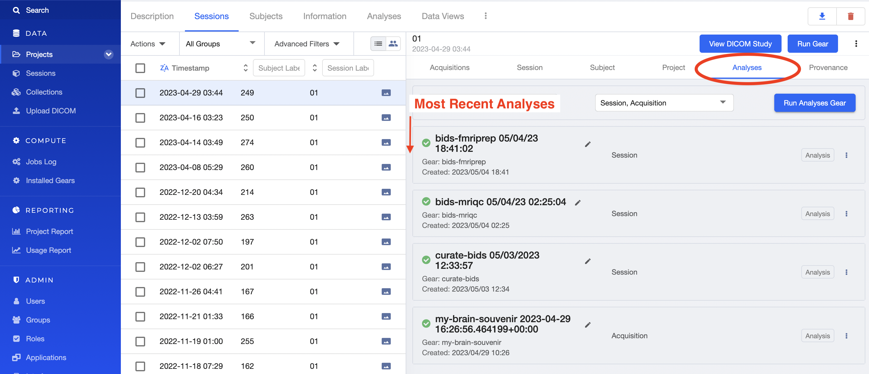 Flywheel session view highlighting session's analyses.