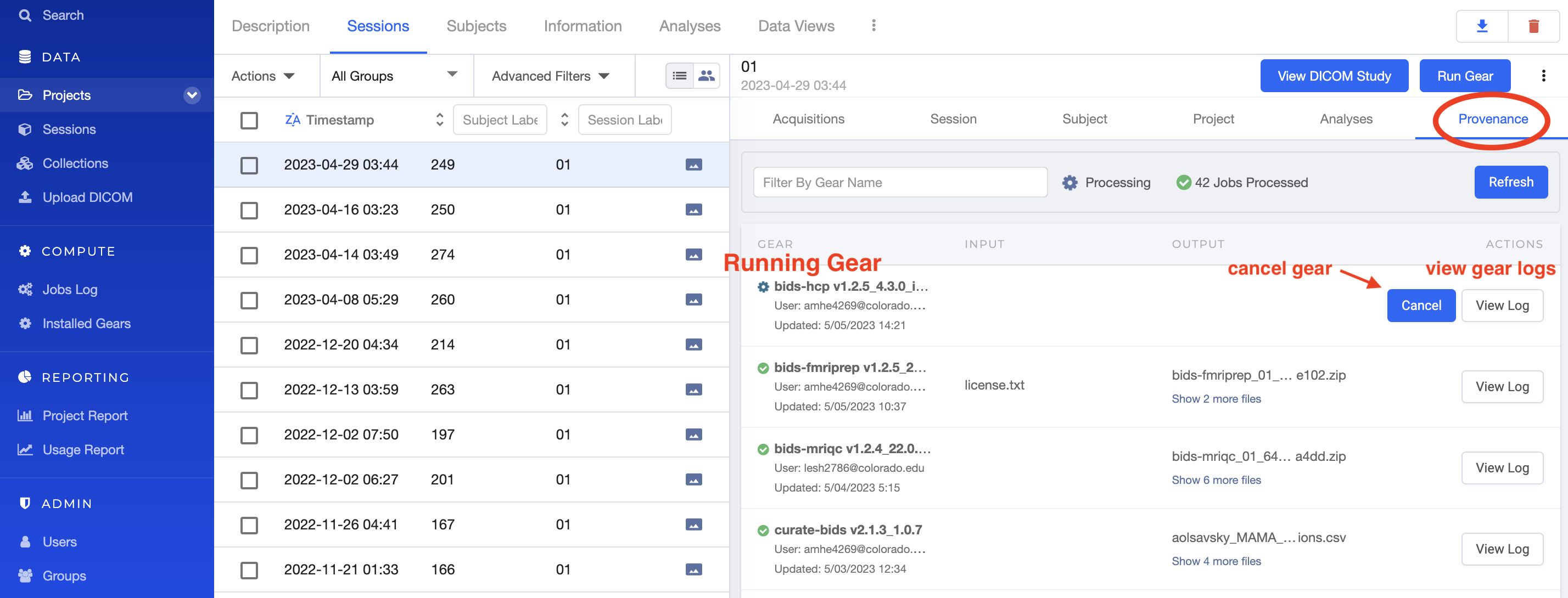 Flywheel session view highlighting session's provenance.